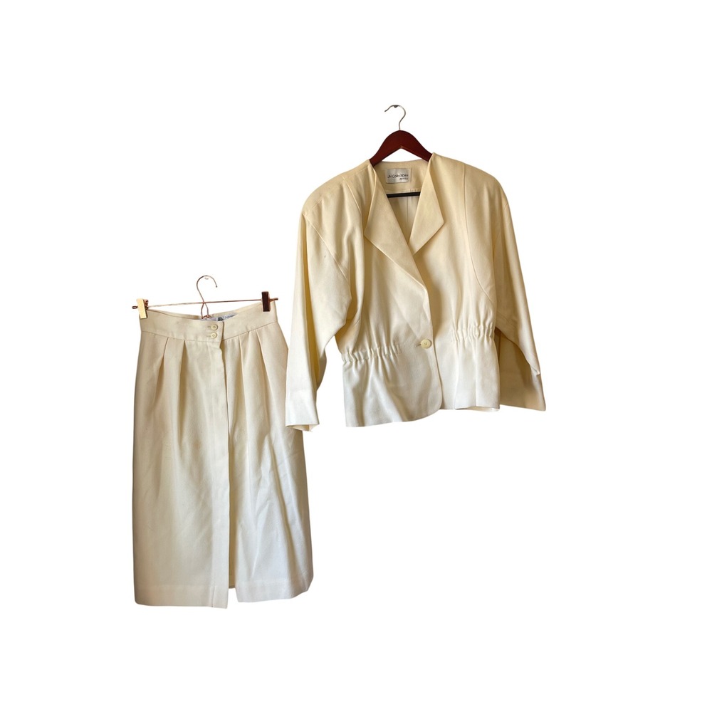 Vintage JH Collectibles Petites Cream 100% Wool Skirt Suit Set Size Small